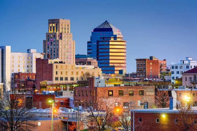 Durham, NC downtown skyline at dusk