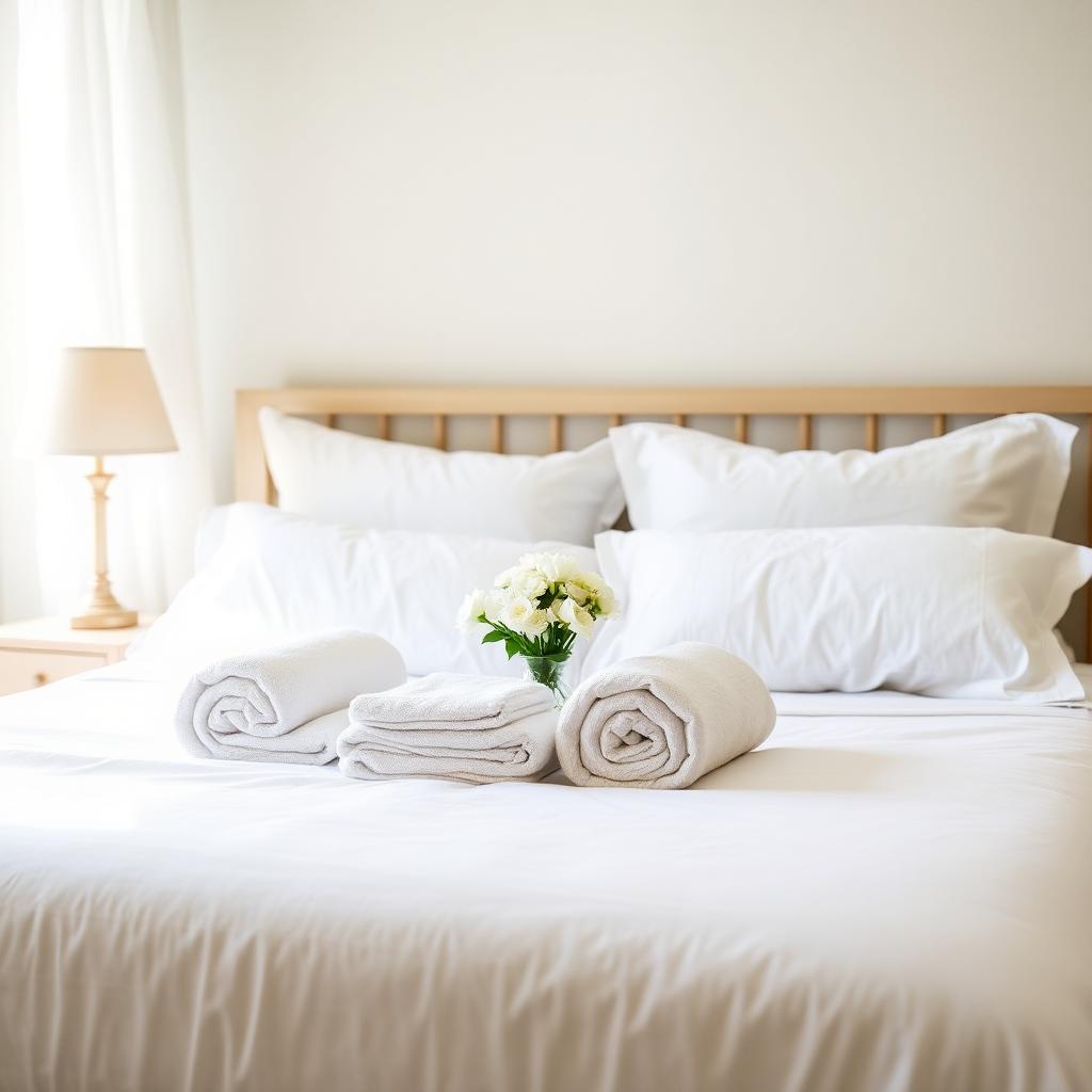 Freshly staged short-term rental bedroom with crisp white linens