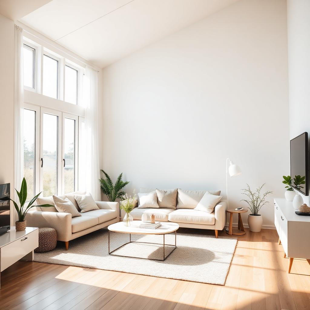 Bright, freshly cleaned residential living room with sunlight